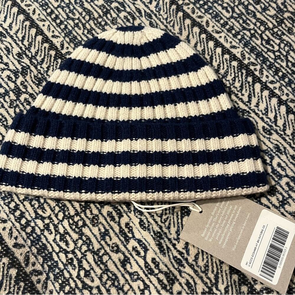 NWT Everlane Unisex The Cashmere Wool Beanie Hat Navy Cream Striped